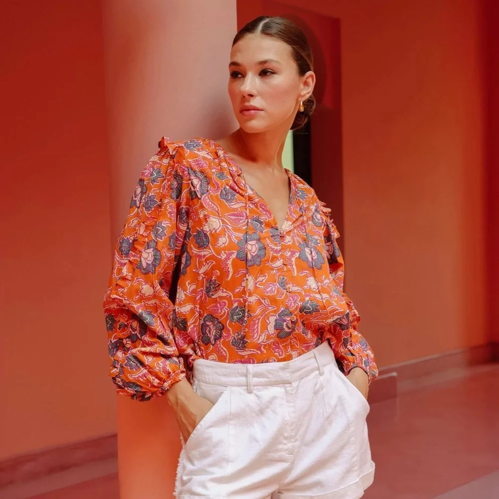 Cleobella Talia Ruffle Sleeve Floral Blouse in Tropique Sz S